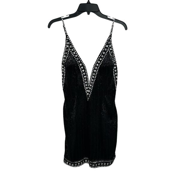 Aleta 738 Black Rhinestone Beaded Plunge Neckline Evening Mini Dress Womens 6 - Picture 2 of 10
